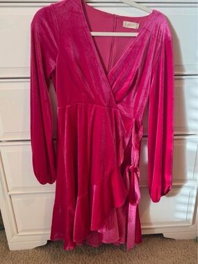 Altar'd State Hot Pink Velvet Wrap Dress with Long Sleeves